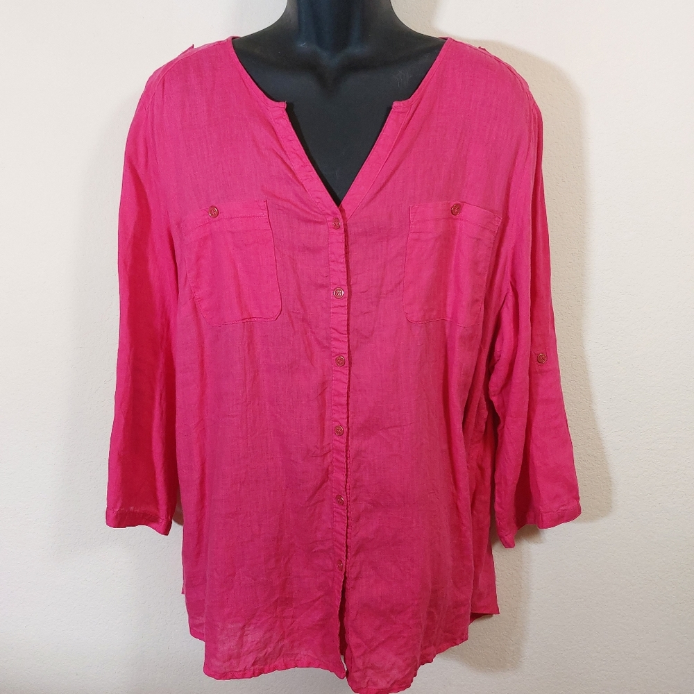 100% Linen Long, Roll Up Sleeves Hot Pink Plus Size Shirt size XXL
